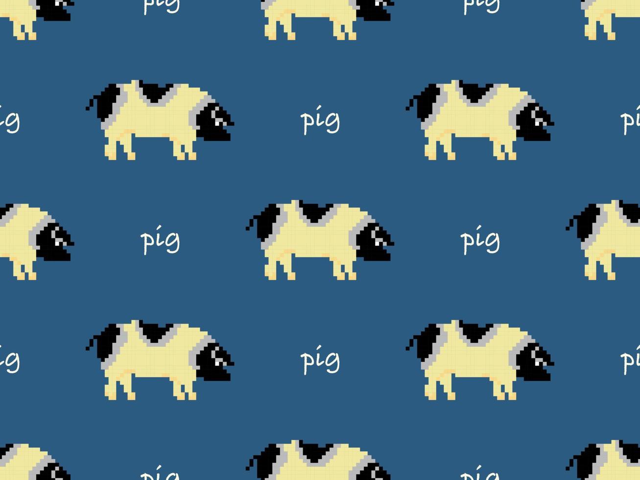 personaje de dibujos animados de cerdo de patrones sin fisuras sobre fondo azul. estilo de píxel vector