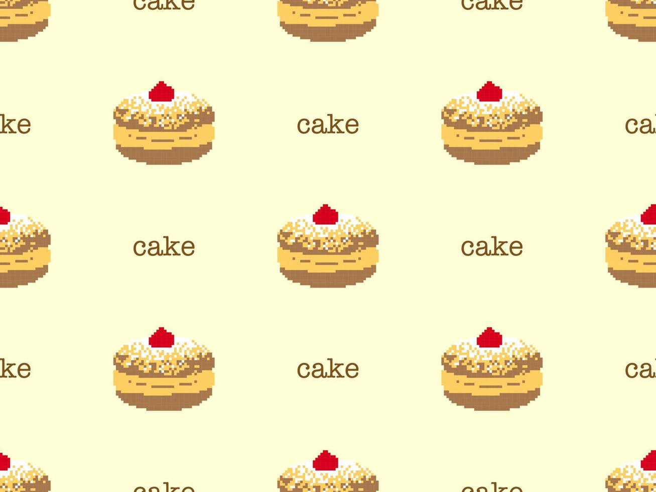 Cake cartoon character seamless pattern on yellow background. Pixel style vector
