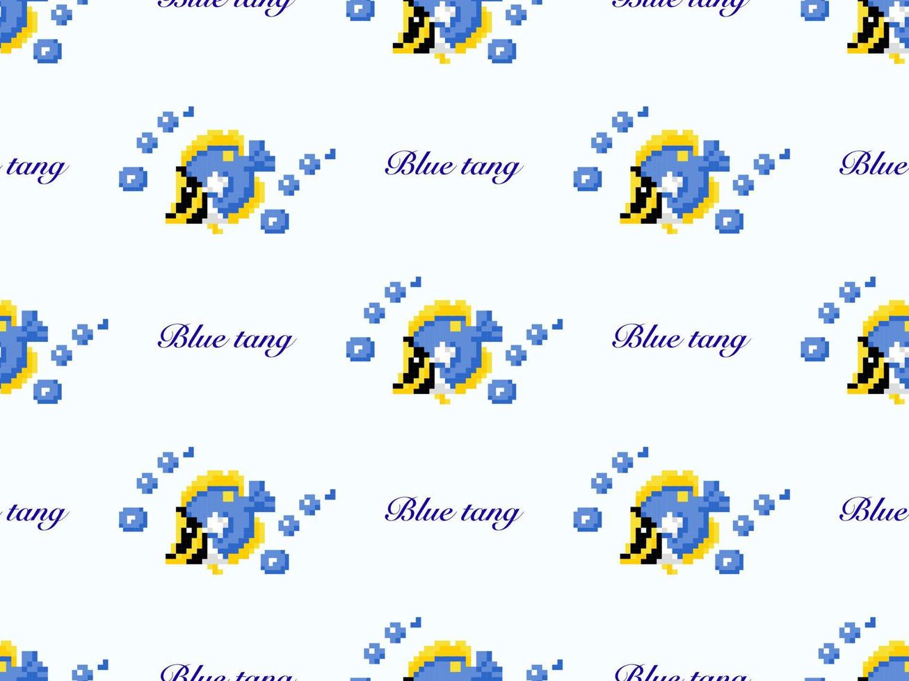 Fish cartoon character seamless pattern on blue background. Pixel style vector