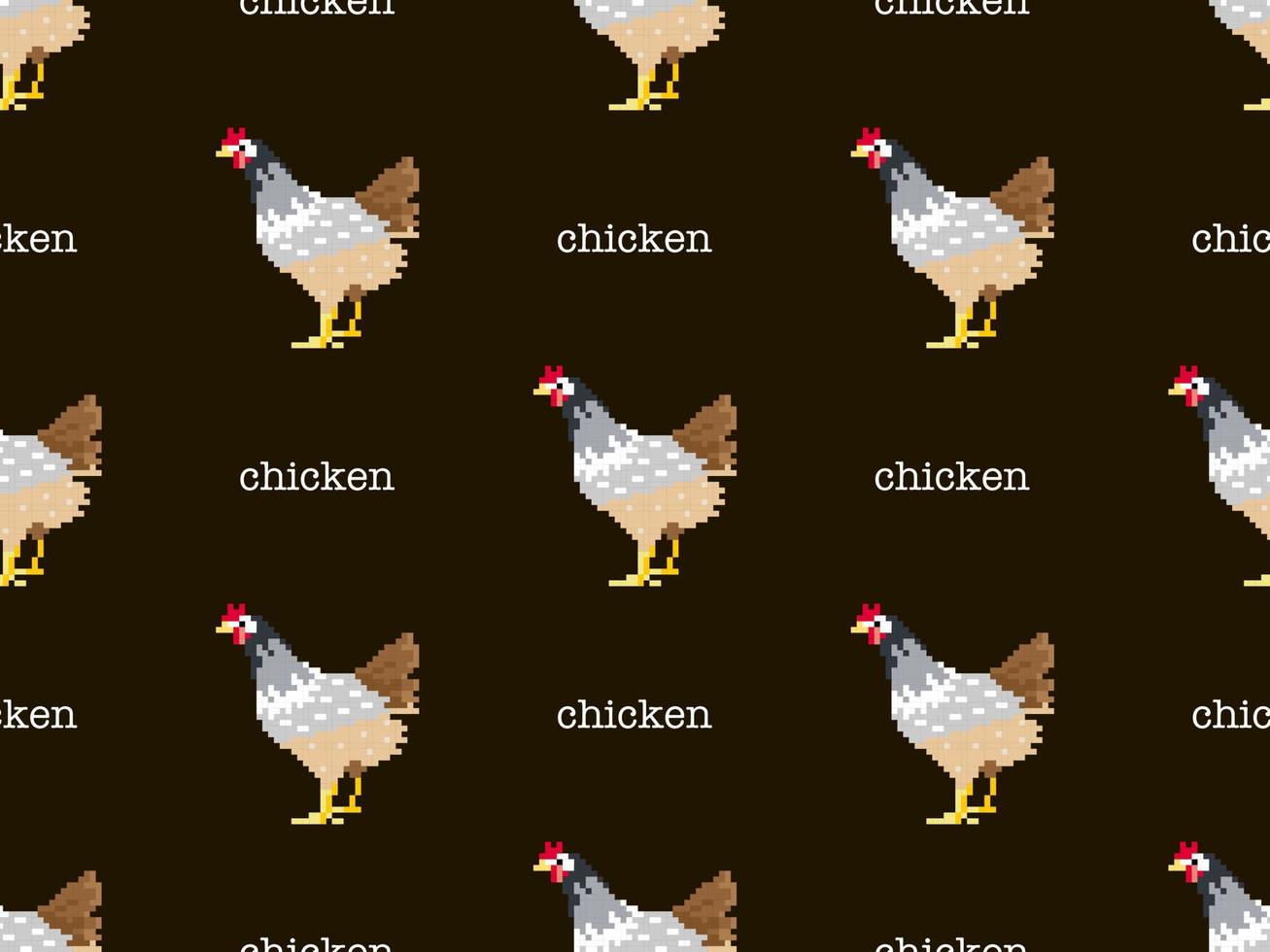 Chicken cartoon character seamless pattern on black background. Pixel style vector