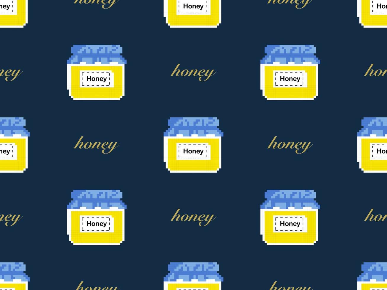 Honey cartoon character seamless pattern on blue background. Pixel style vector