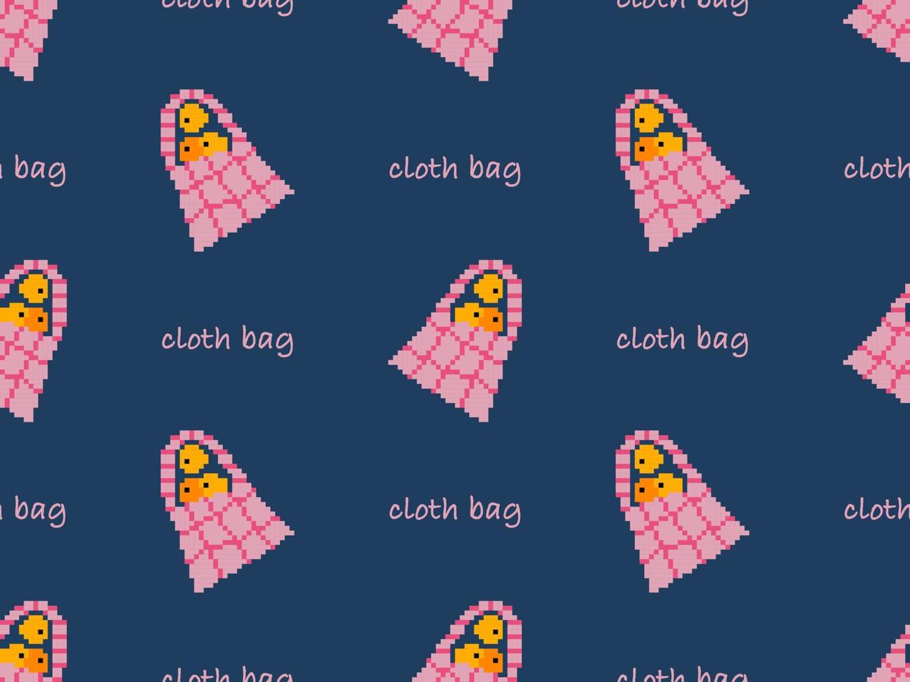 Cloth bag cartoon character seamless pattern on blue background. Pixel style vector