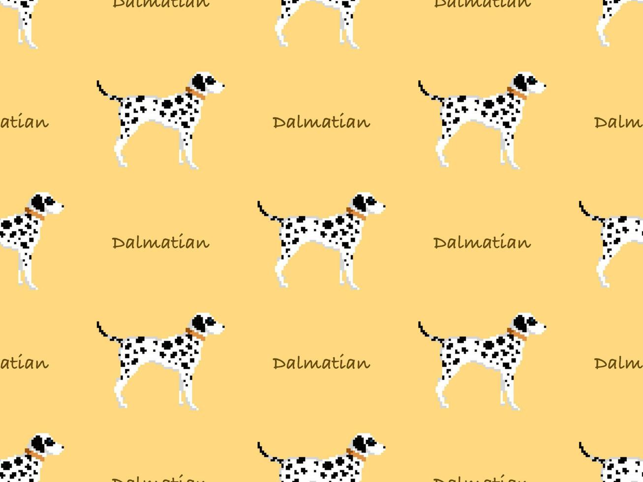 Dalmatian cartoon character seamless pattern on yellow background. Pixel style vector