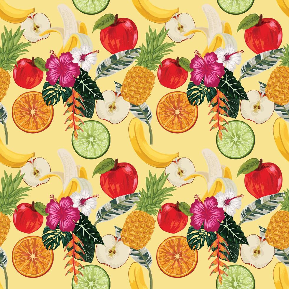 vector de diseño sin costura tropical de frutas de verano sobre fondo amarillo