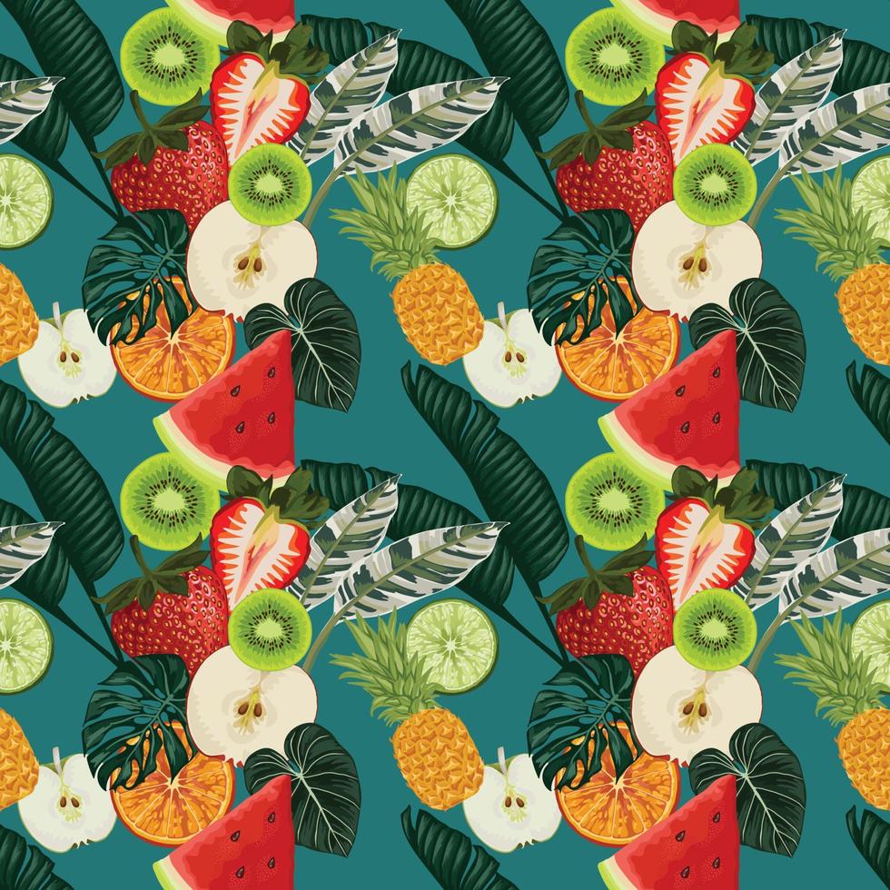 summer fruits tropical seamless on green background vector