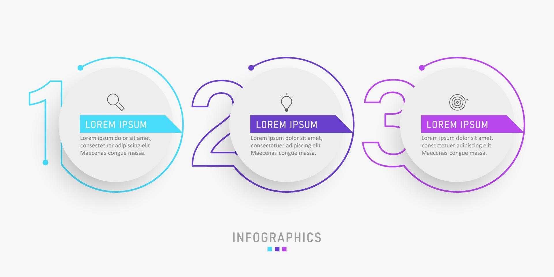 plantilla de diseño de etiquetas infográficas vectoriales con iconos y 3 opciones o pasos. se puede utilizar para diagramas de proceso, presentaciones, diseño de flujo de trabajo, banner, diagrama de flujo, gráfico de información. vector