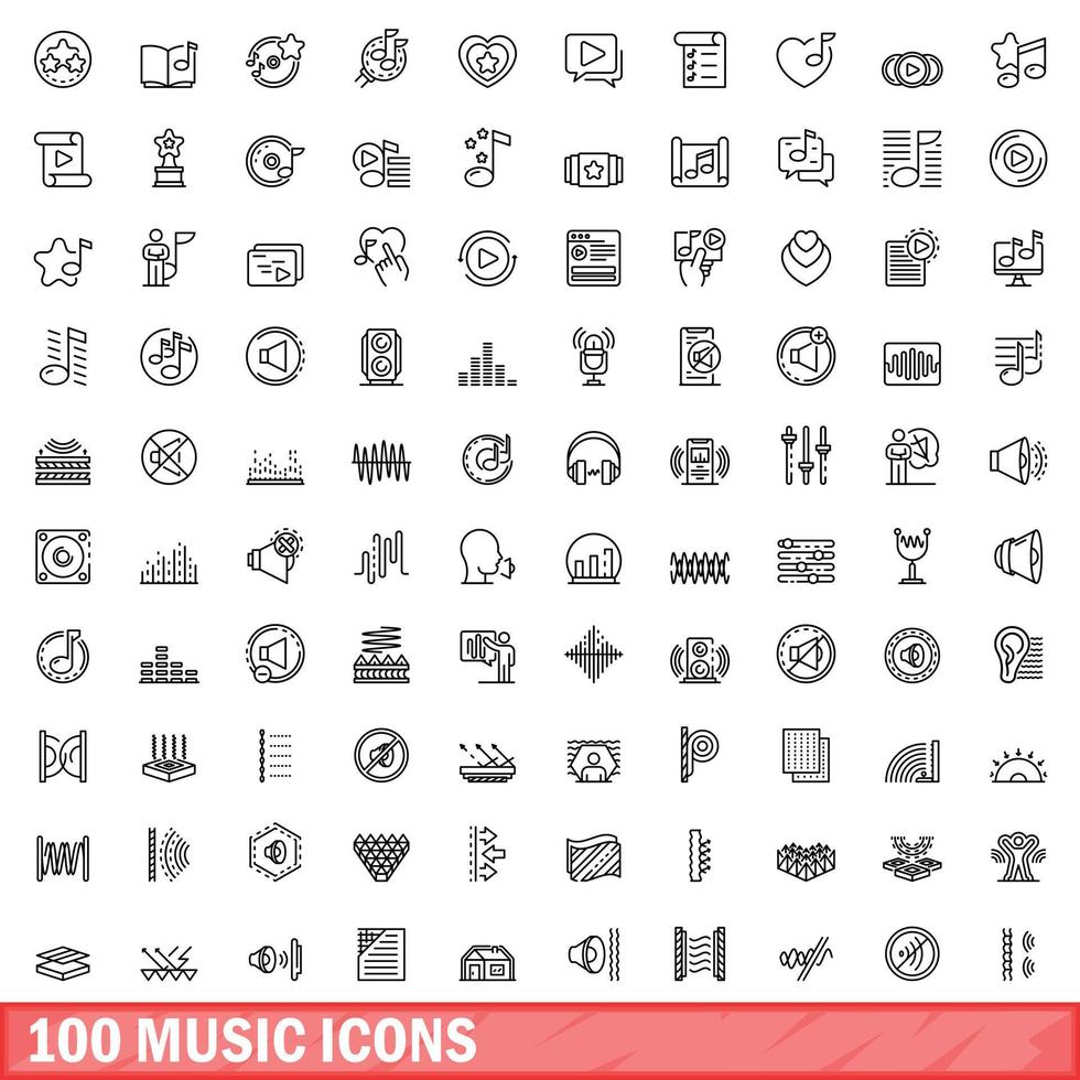 100 music icons set, outline style vector