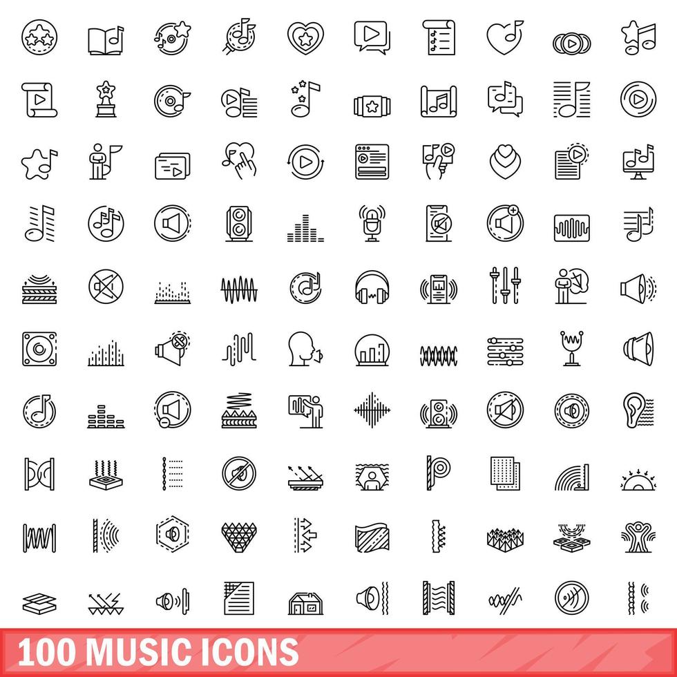 100 iconos de música, estilo de esquema vector