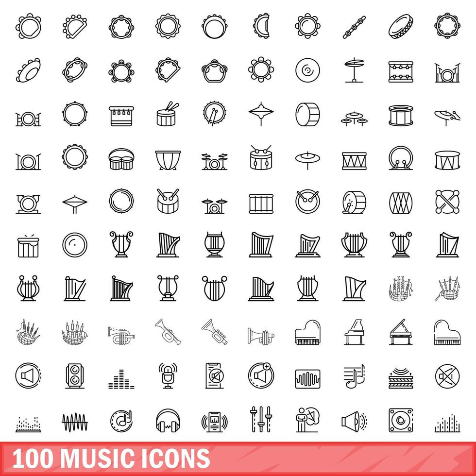 100 iconos de música, estilo de esquema vector