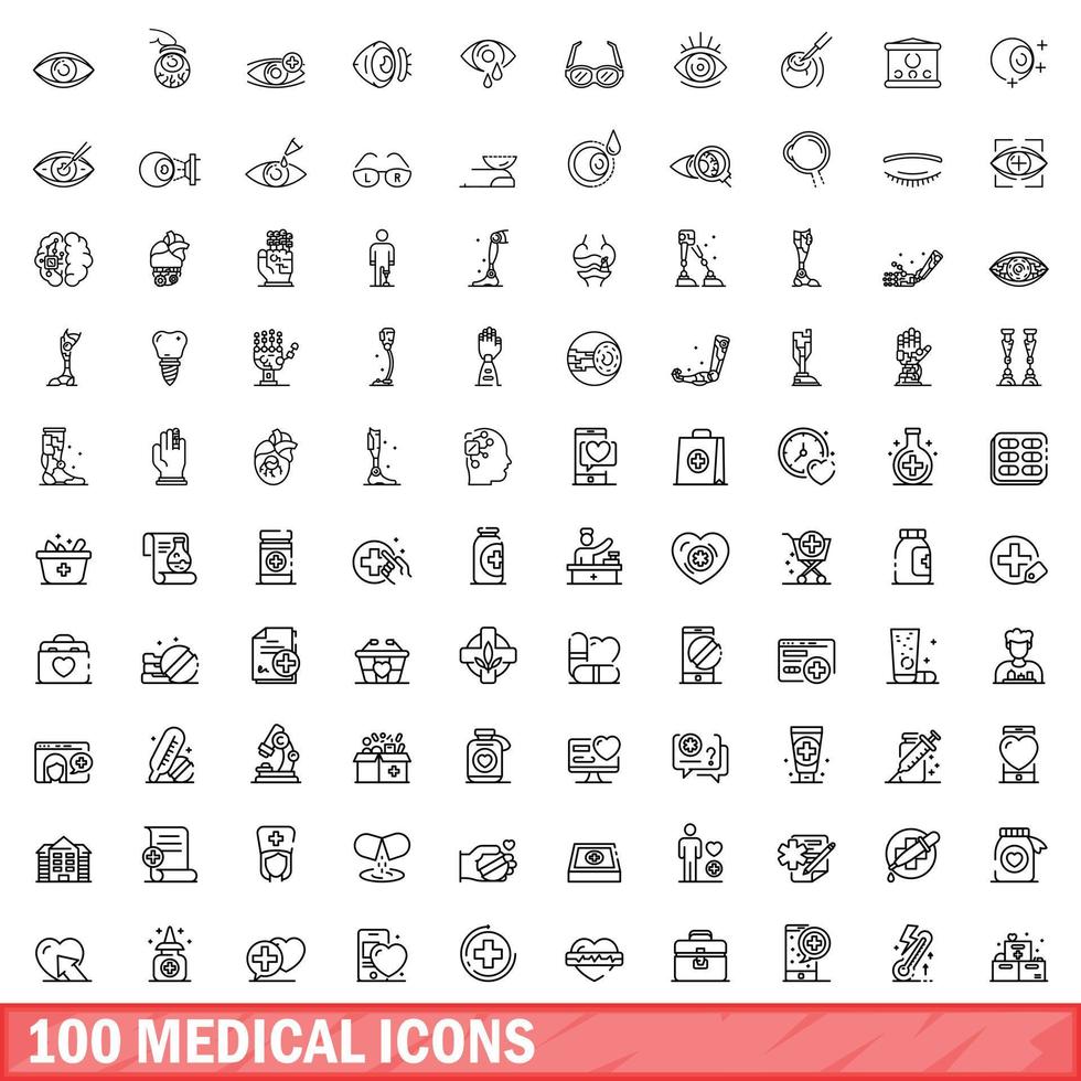 100 iconos médicos establecidos, estilo de contorno vector