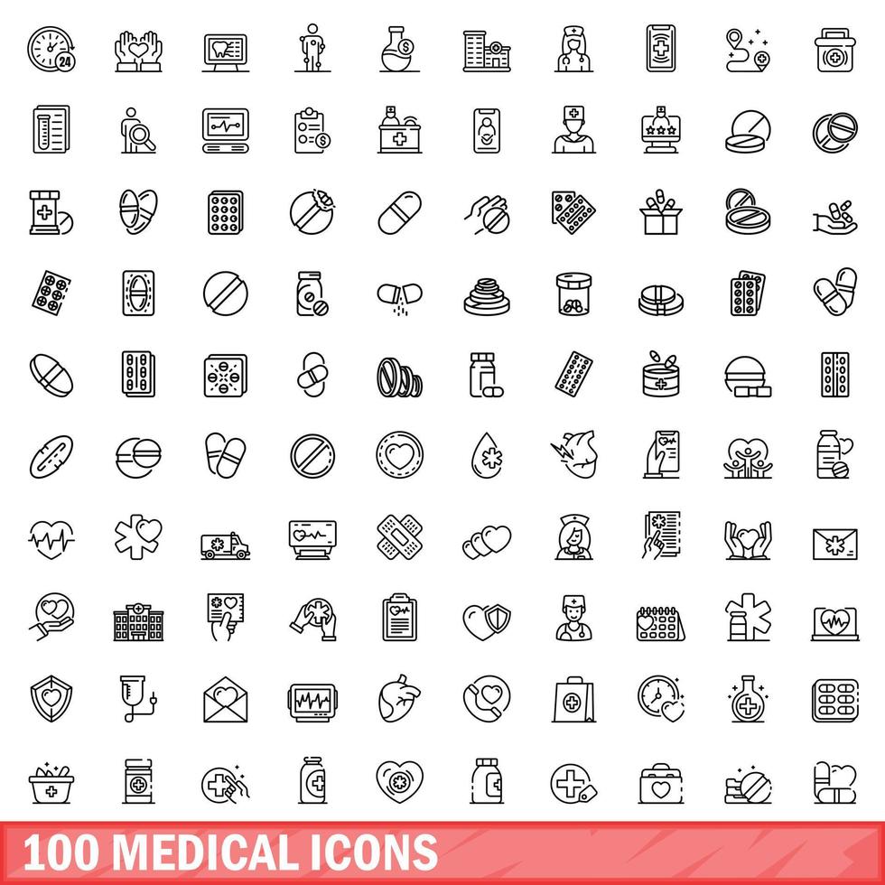 100 medical icons set, outline style vector
