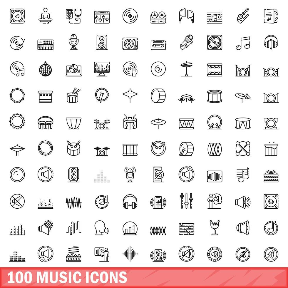 100 iconos de música, estilo de esquema vector