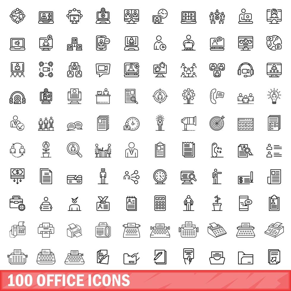 100 iconos de oficina establecidos, estilo de esquema vector