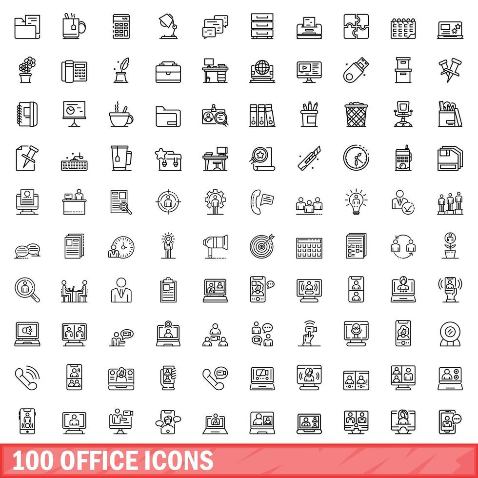 100 office icons set, outline style vector