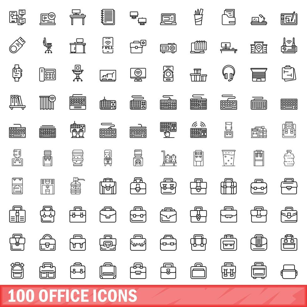 100 iconos de oficina establecidos, estilo de esquema vector