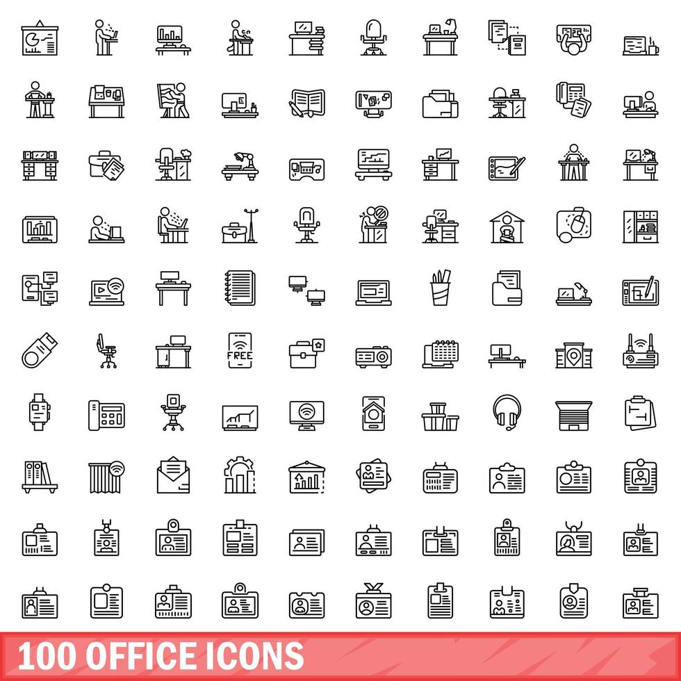 100 iconos de oficina establecidos, estilo de esquema vector