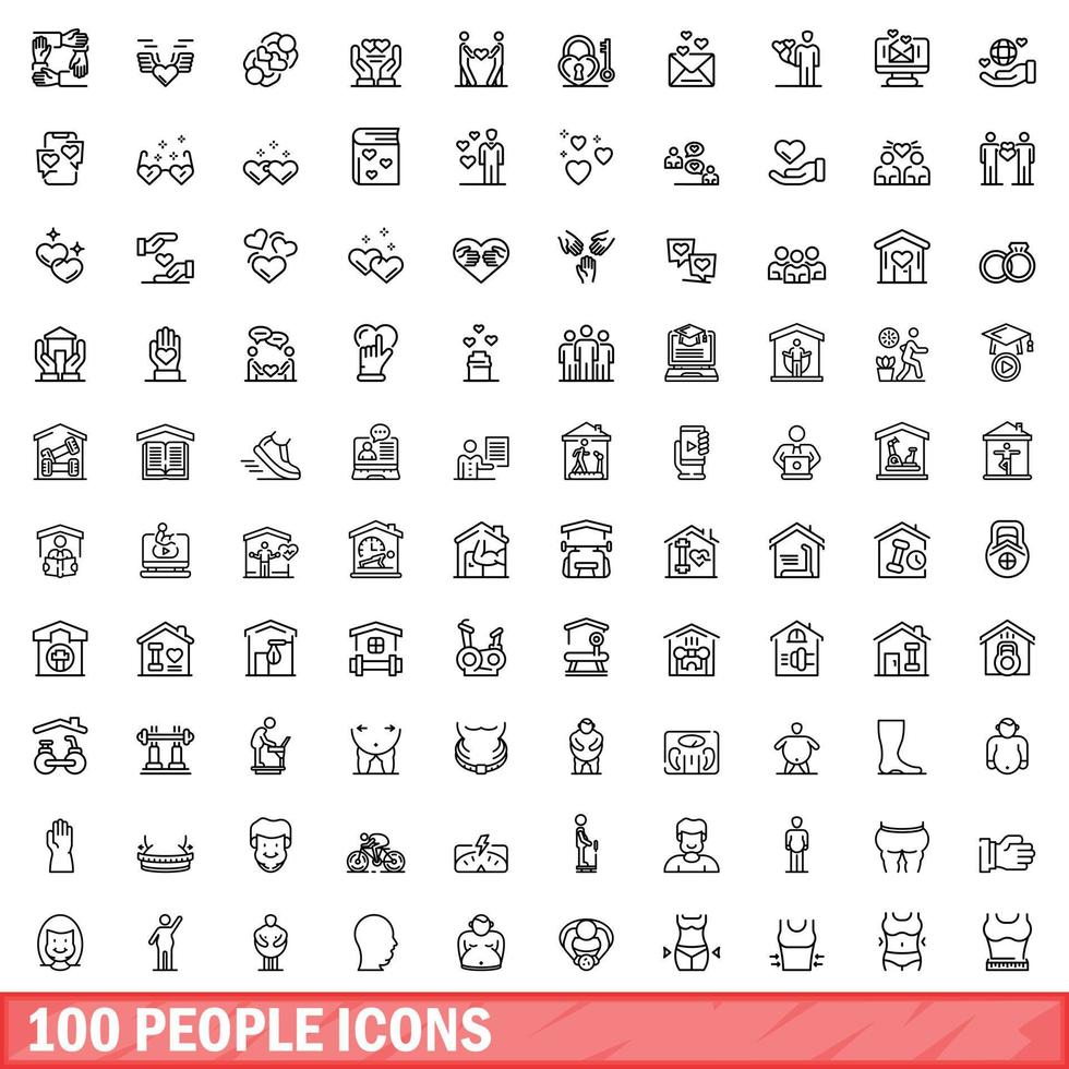 100 people icons set, outline style vector