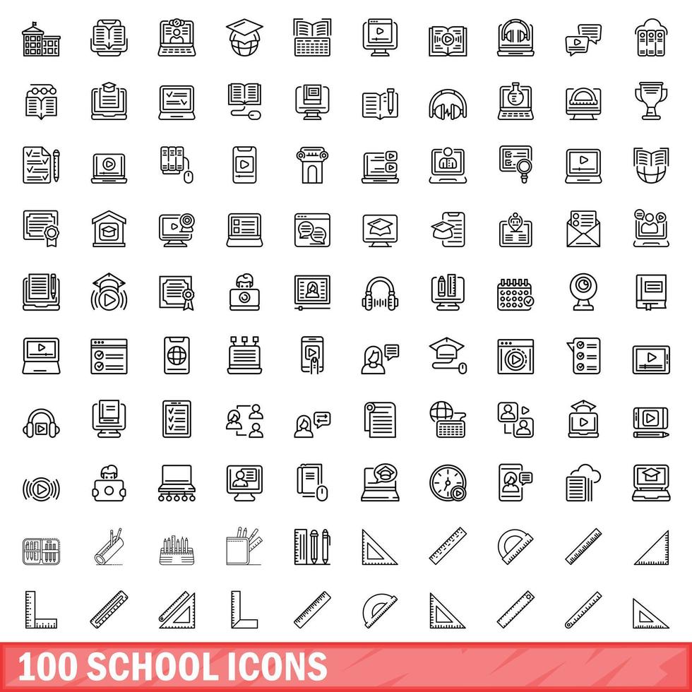 100 school icons set, outline style vector