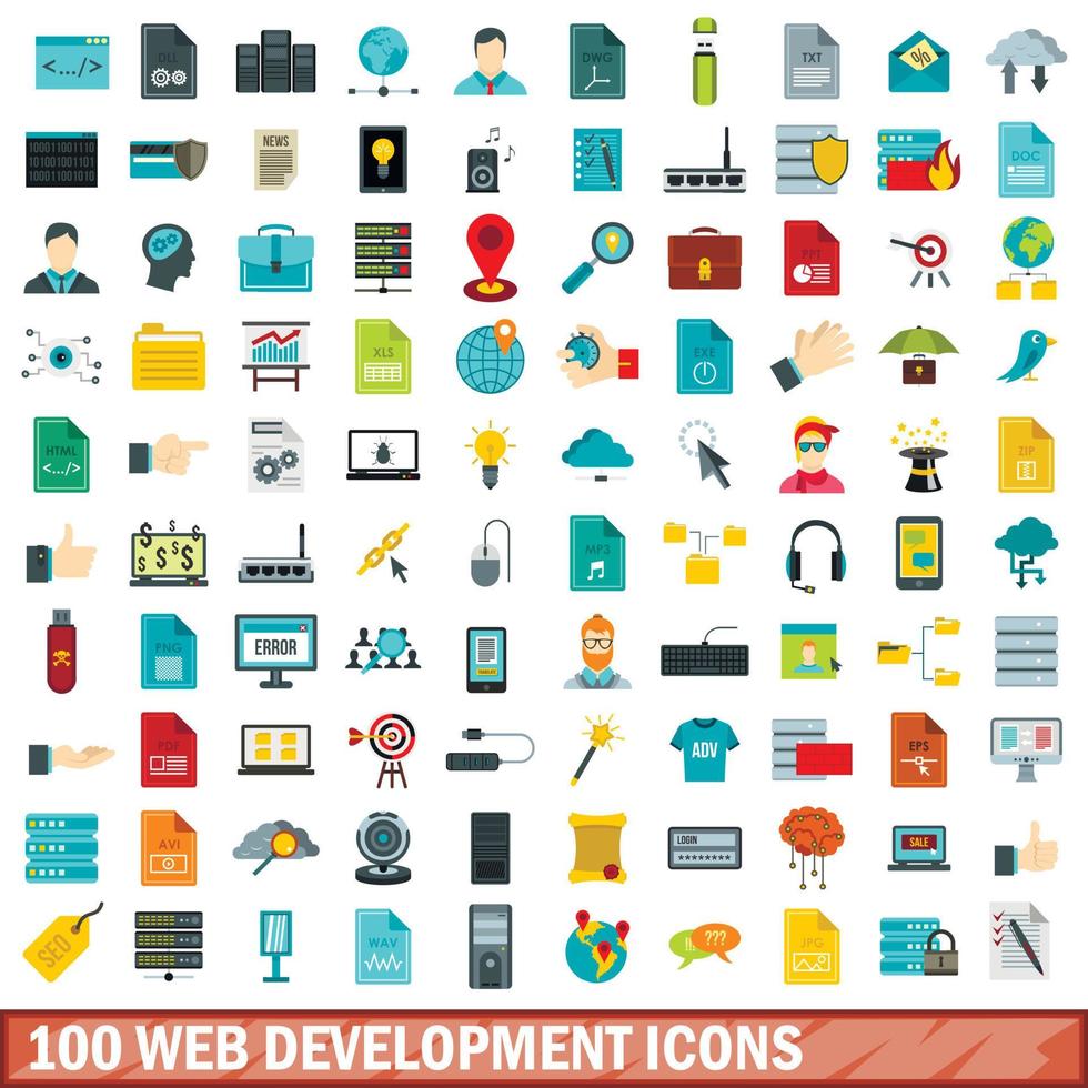 100 iconos de desarrollo web, estilo plano vector