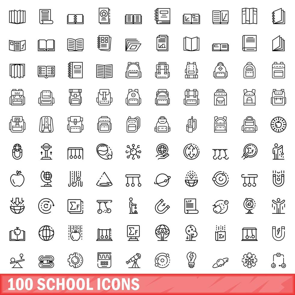 100 school icons set, outline style vector