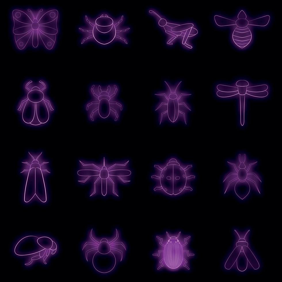 insectos, iconos, conjunto, vector, neón vector
