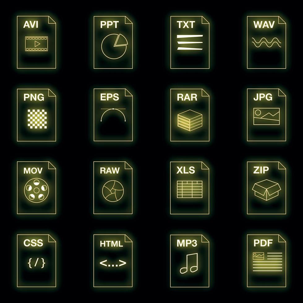 File extension icons set vector neon