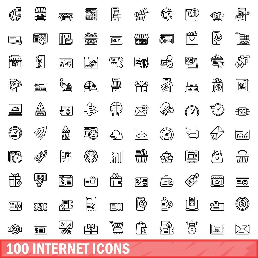 100 internet icons set, outline style vector