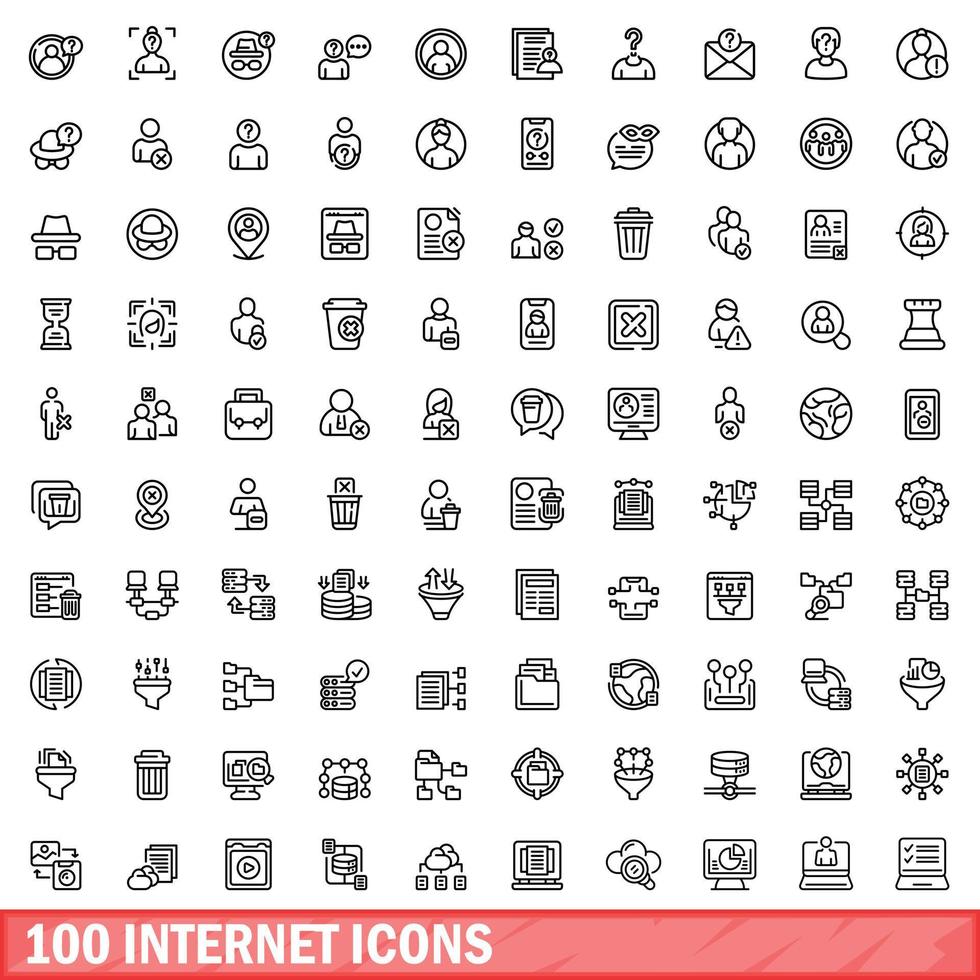 100 internet icons set, outline style vector