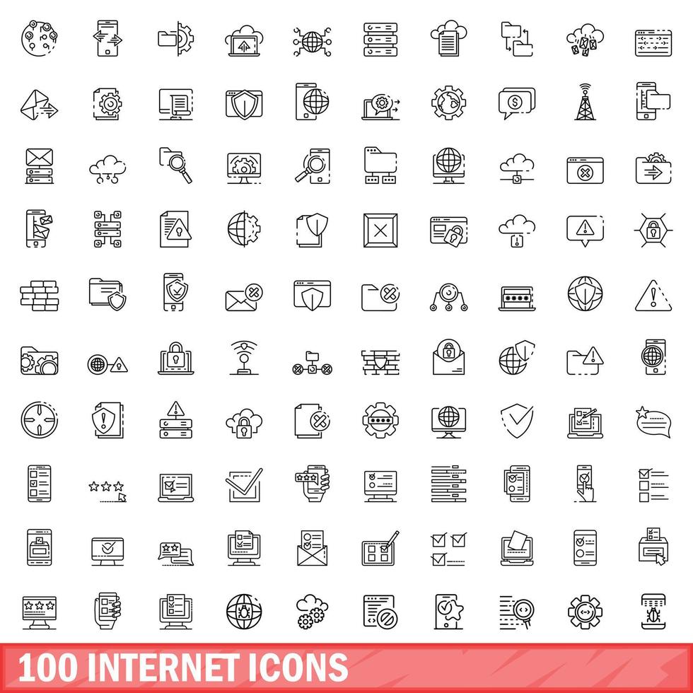 100 internet icons set, outline style vector