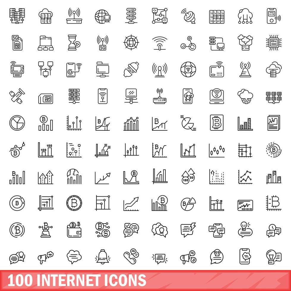 100 internet icons set, outline style vector