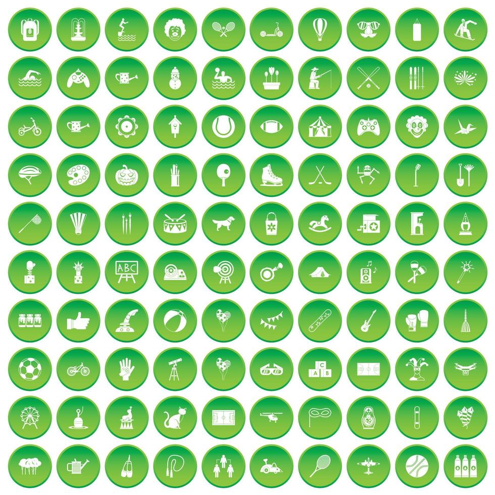 100 kids activity icons set green circle vector