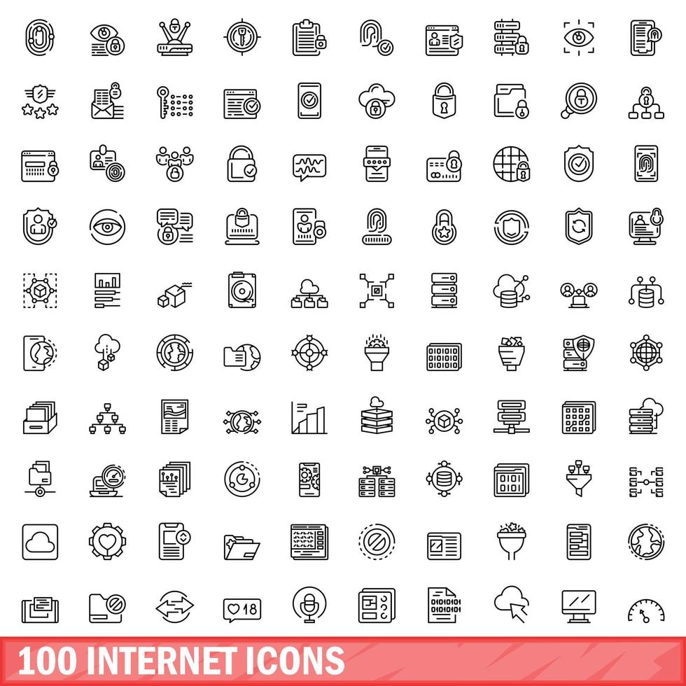 100 internet icons set, outline style vector