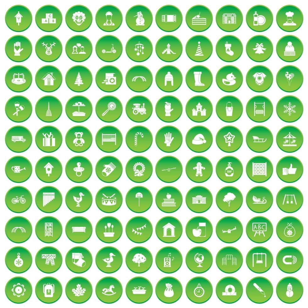 100 iconos de jardín de infantes establecer círculo verde vector