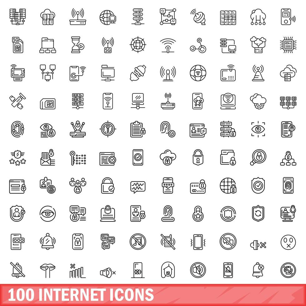 100 internet icons set, outline style vector