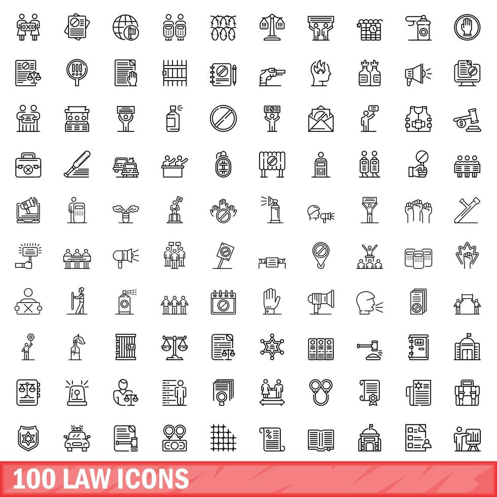 100 law icons set, outline style vector