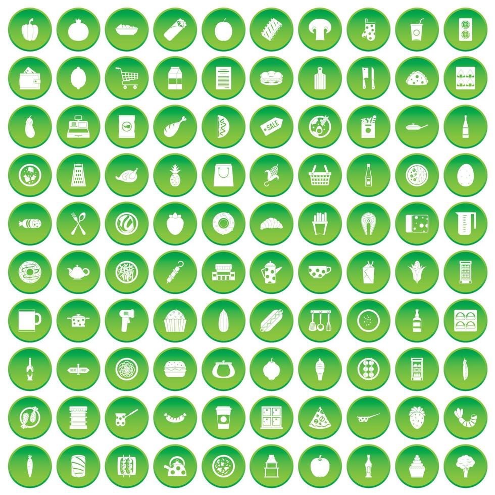 100 lunch icons set green circle vector