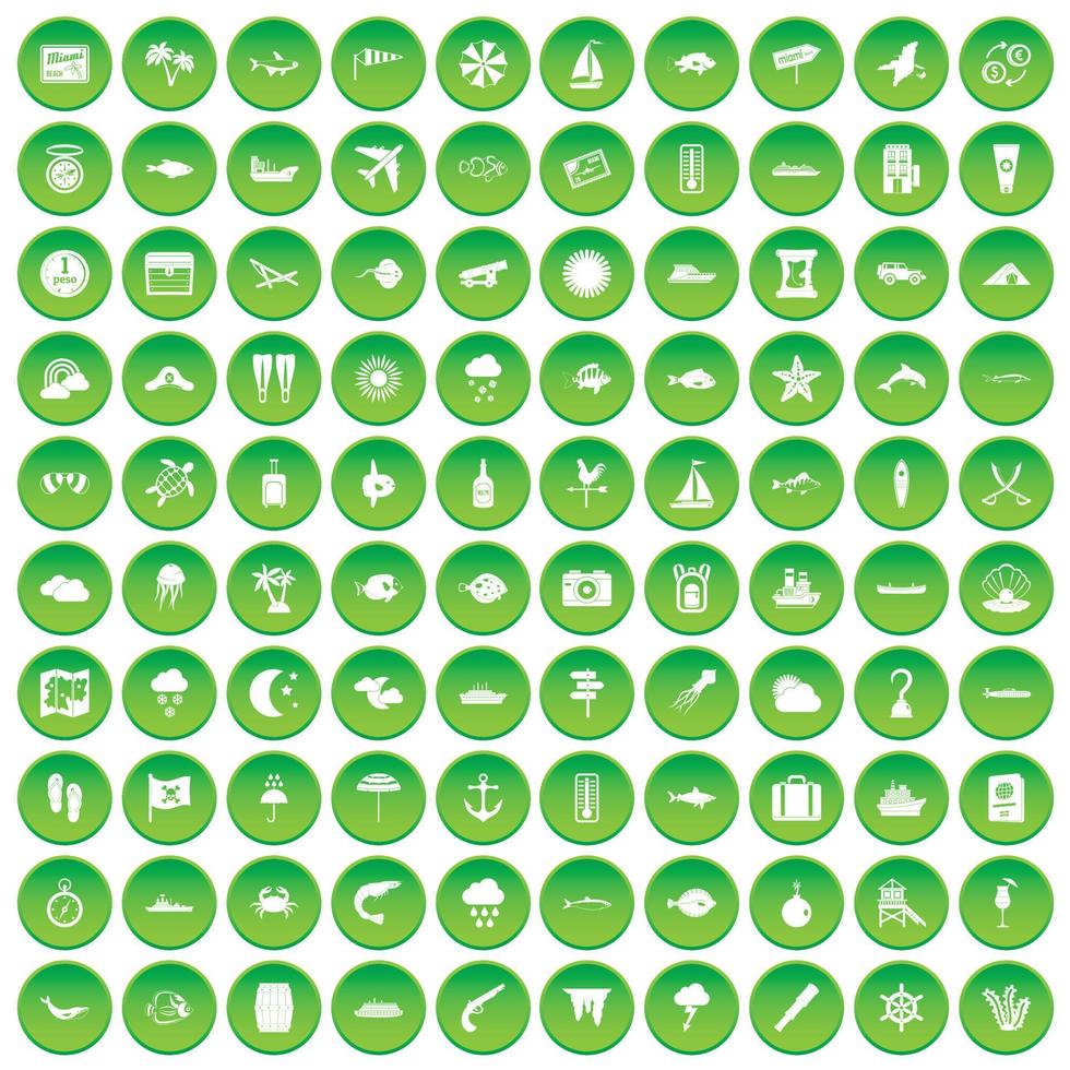 100 iconos de entorno marino establecer círculo verde vector