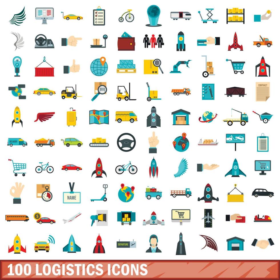 100 logistics icons set, flat style vector