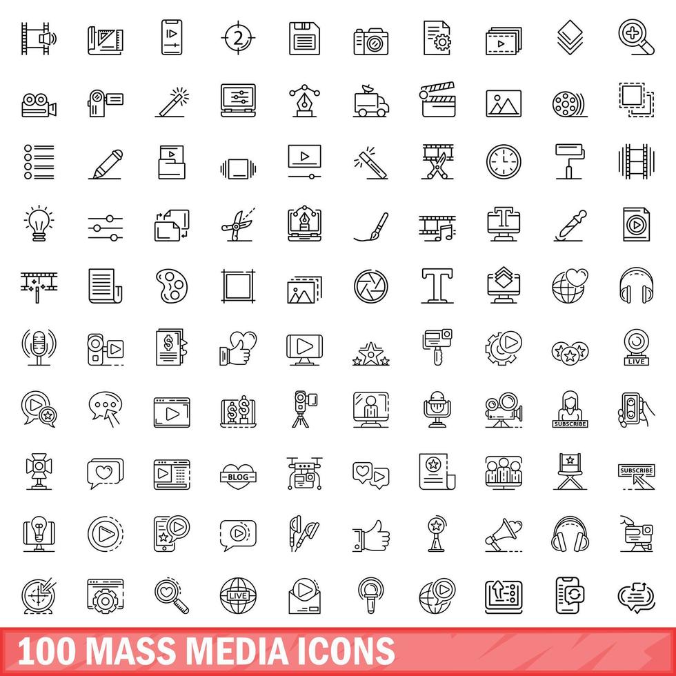 100 mass media icons set, outline style vector