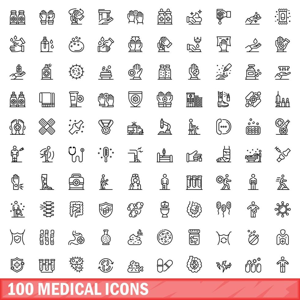 100 medical icons set, outline style vector