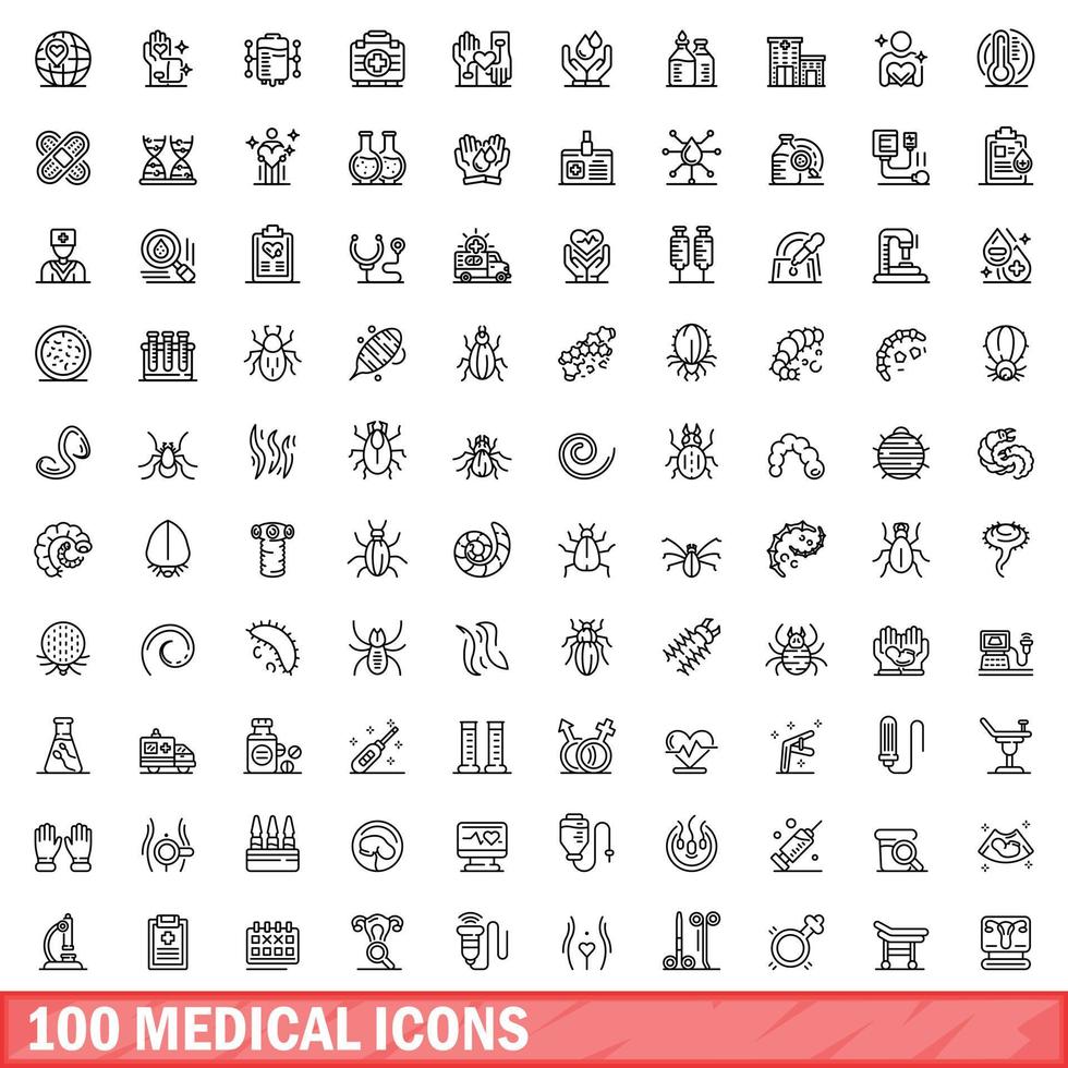 100 medical icons set, outline style vector