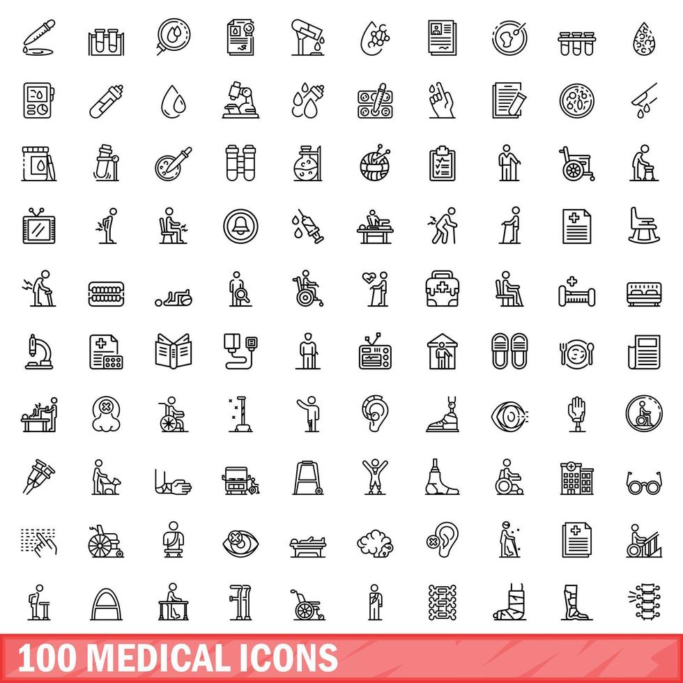 100 iconos médicos establecidos, estilo de contorno vector