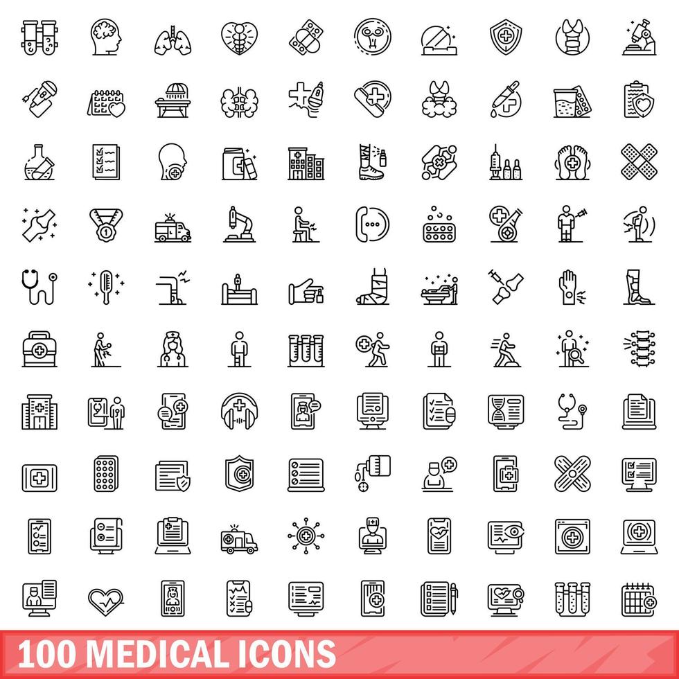 100 medical icons set, outline style vector