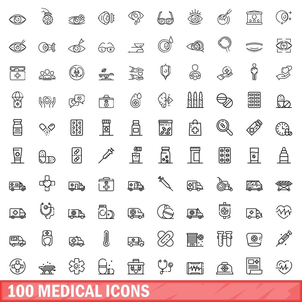 100 iconos médicos establecidos, estilo de contorno vector