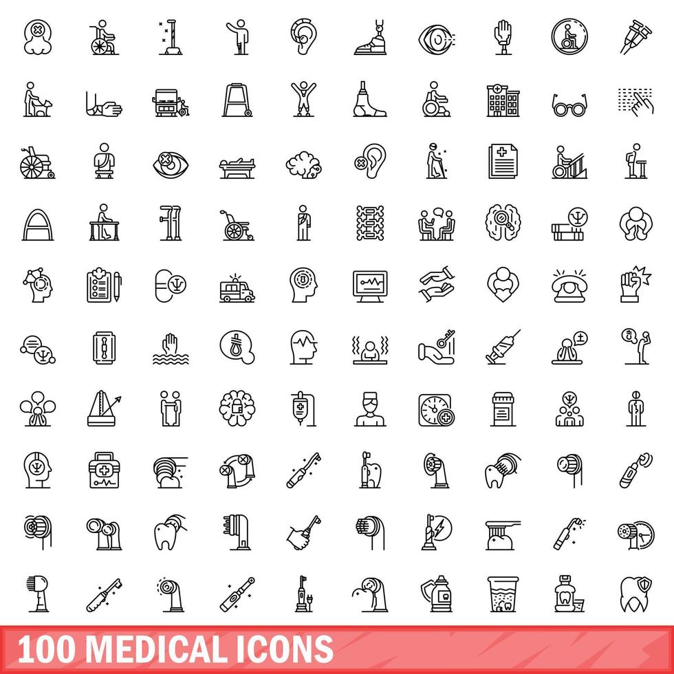 100 medical icons set, outline style vector