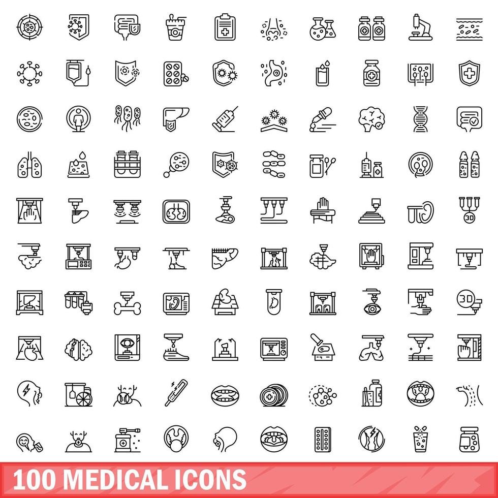 100 medical icons set, outline style vector