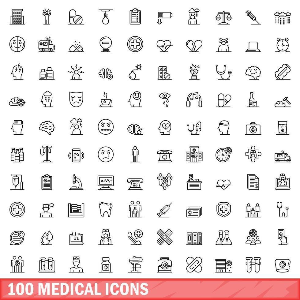 100 medical icons set, outline style vector