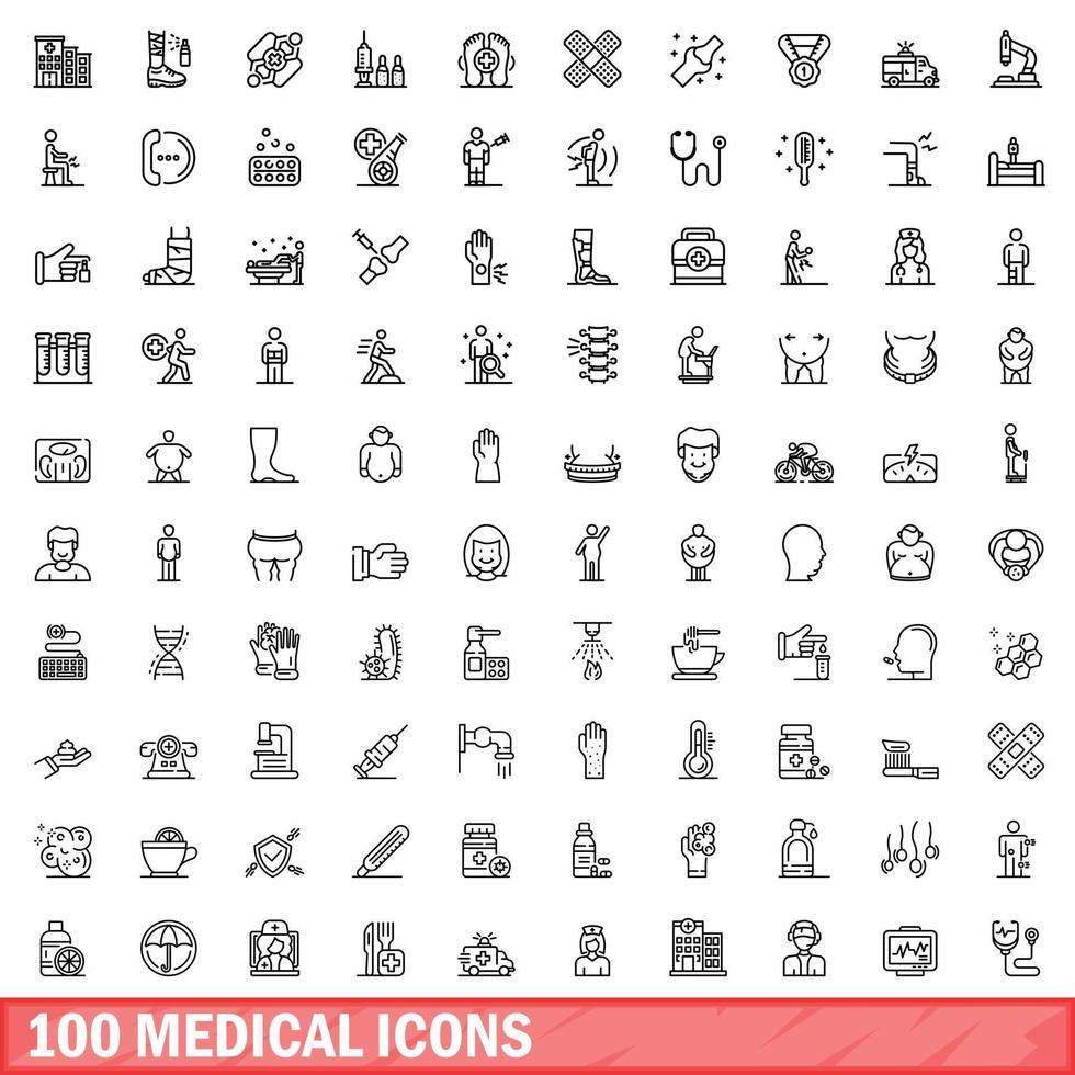 100 medical icons set, outline style vector