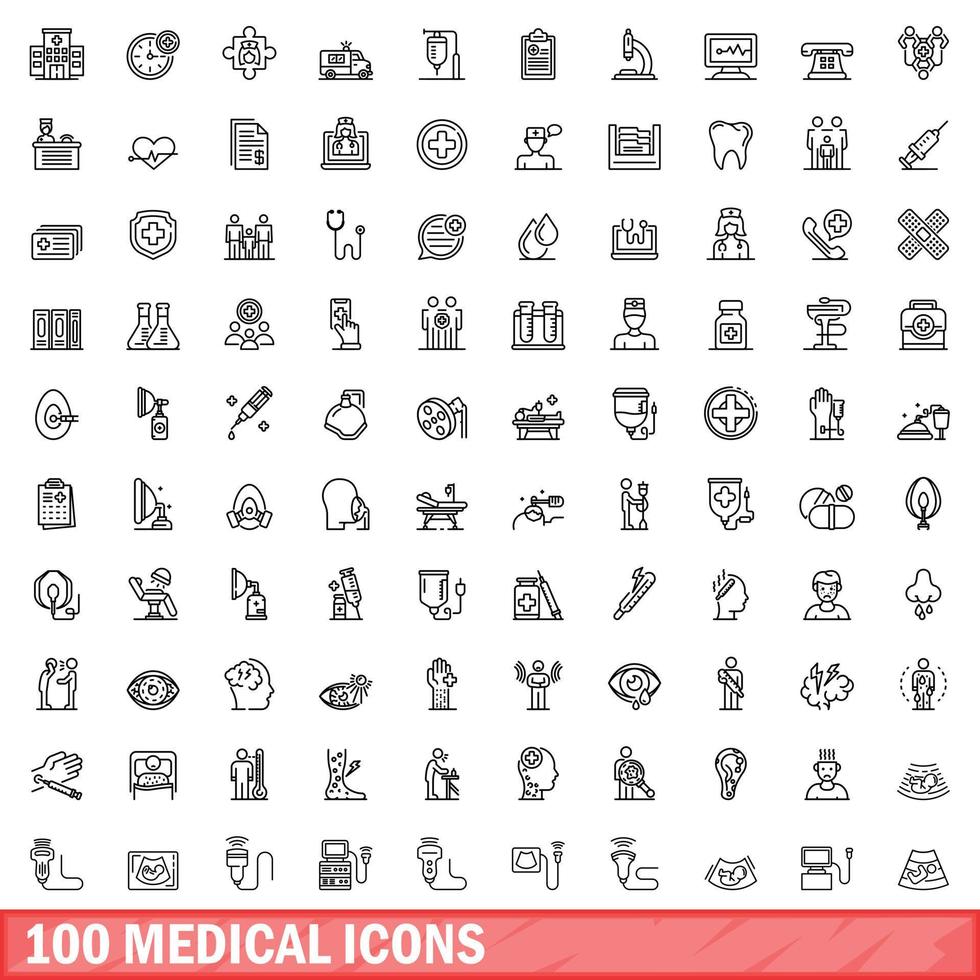 100 medical icons set, outline style vector