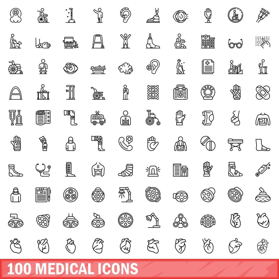 100 iconos médicos establecidos, estilo de contorno vector